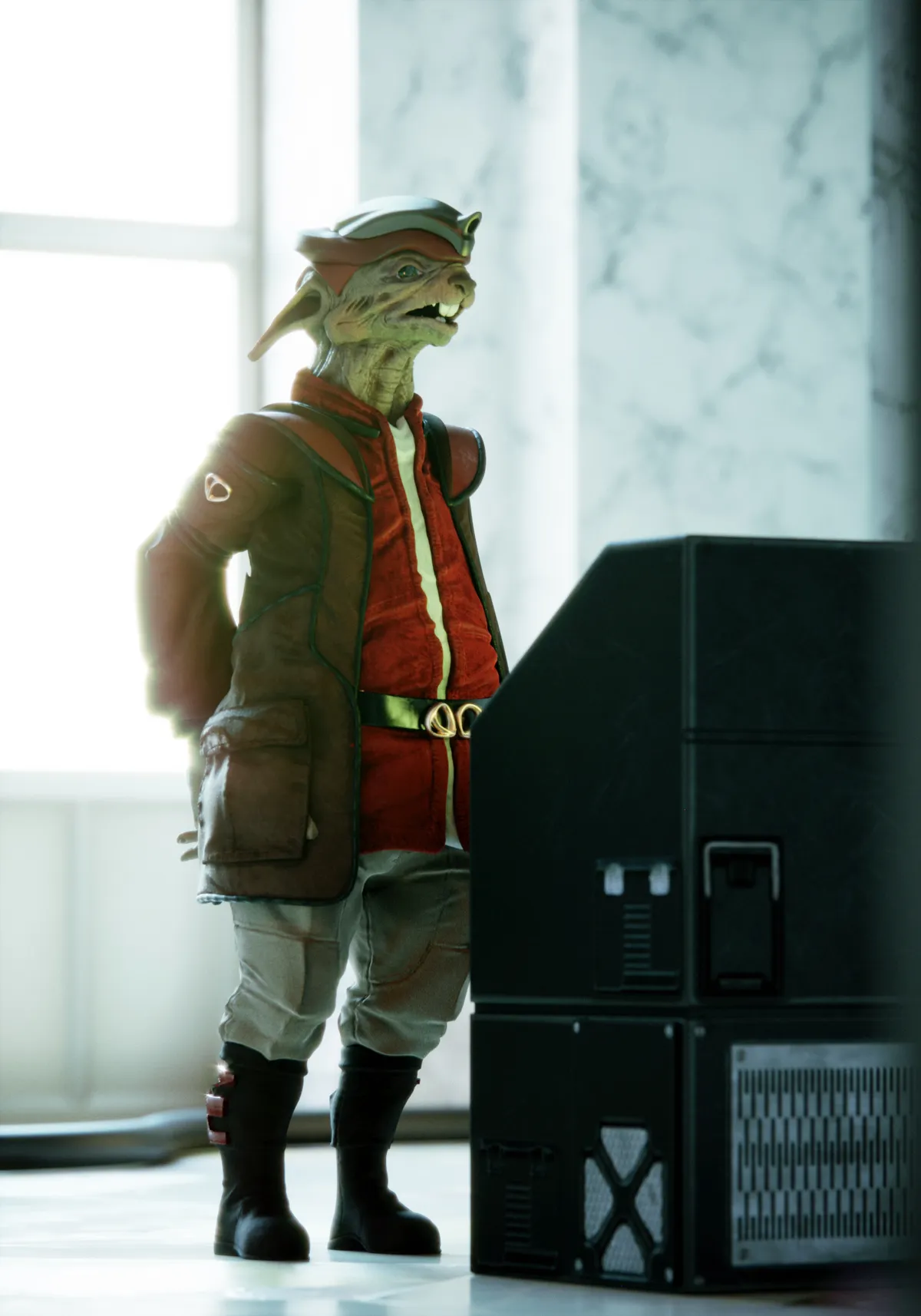An alien doctor in a long coat beside a machine