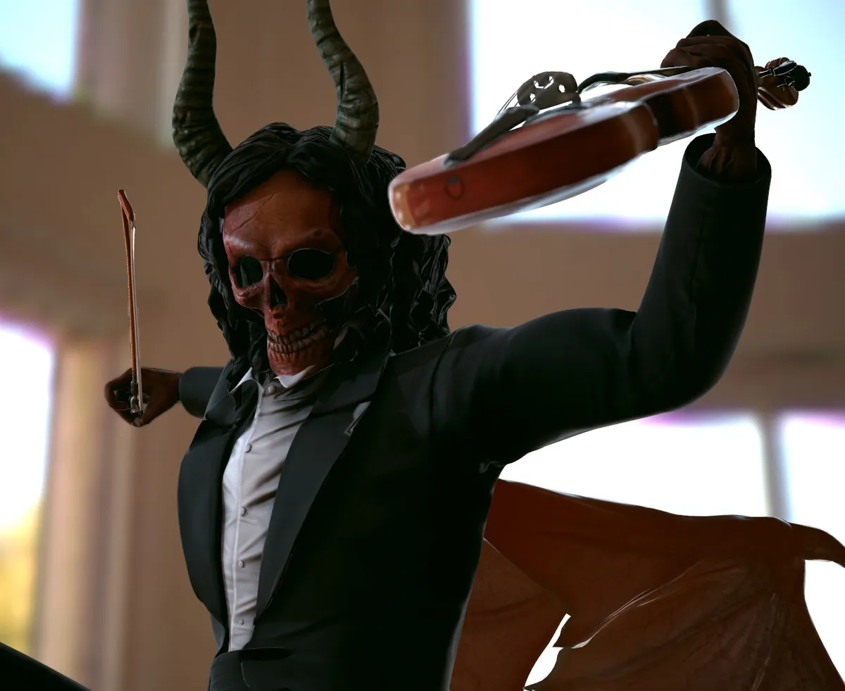 Paganini, a skeletal violinist with horns