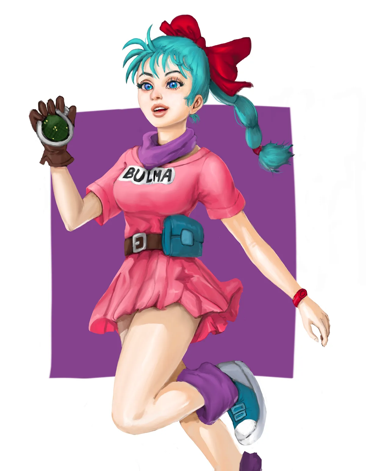 Bulma from Dragon Ball in a pink dress, holding the Dragon Radar