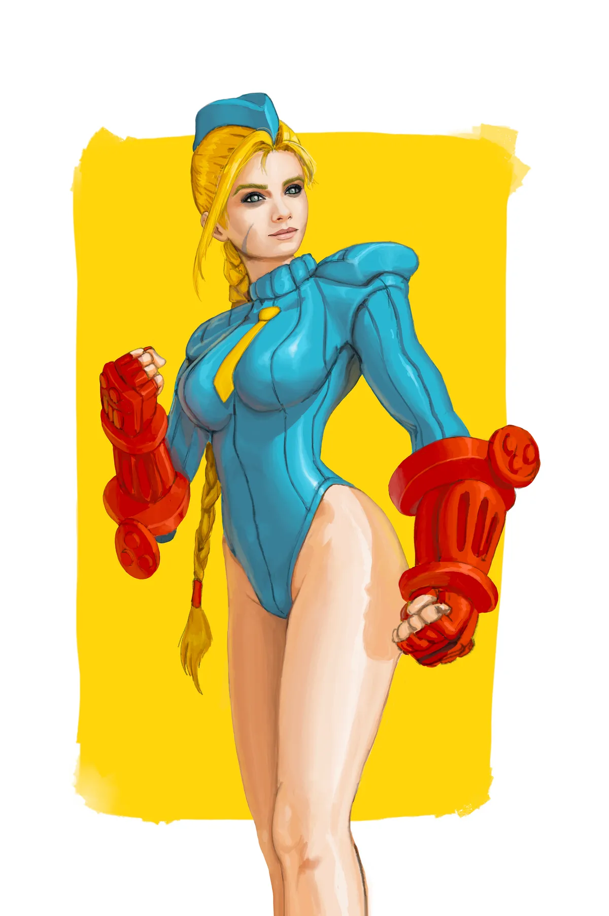 Cammy from Street Fighter in her blue leotard and red gauntlets