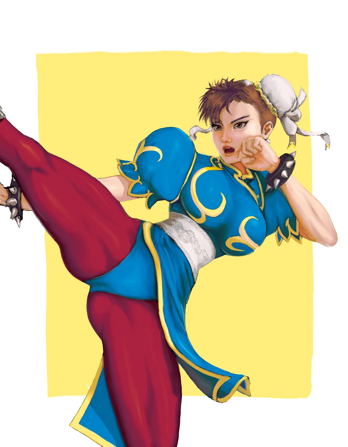 Chun-Li from Street Fighter mid-kick, in her blue qipao