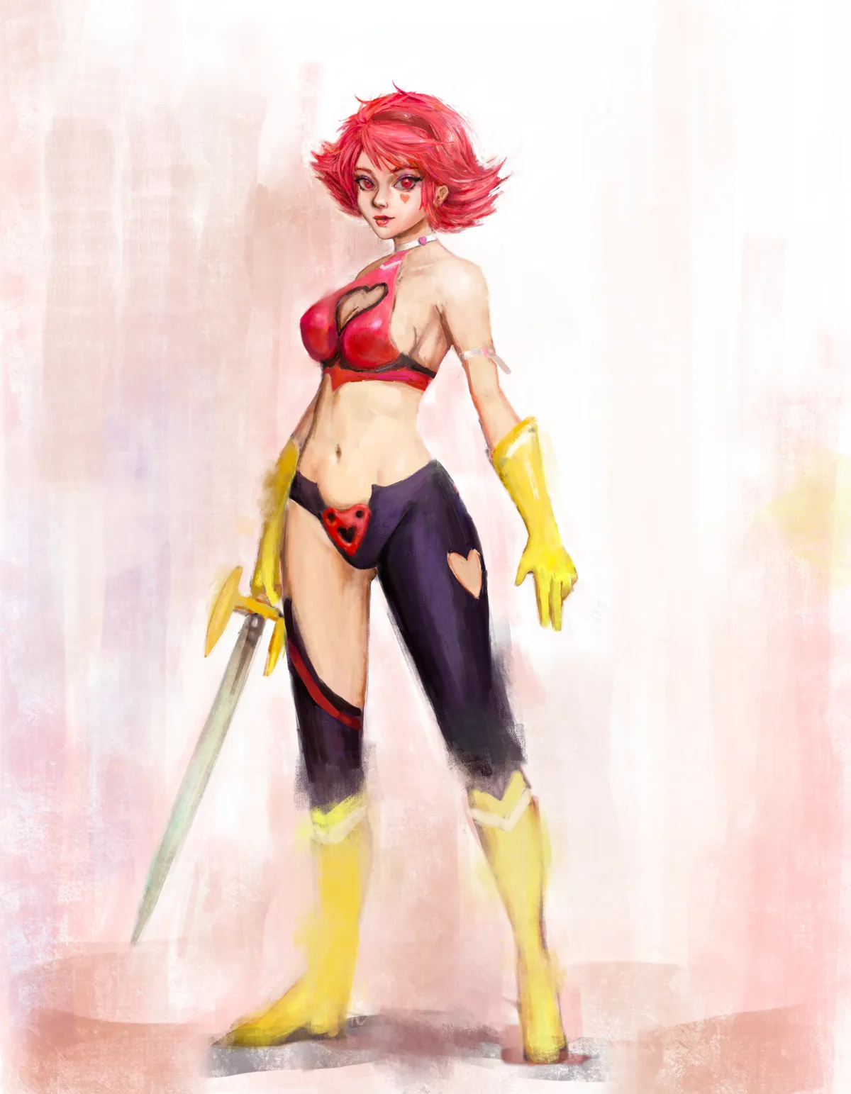 Cutie Honey holding her rapier, in a red and black outfit