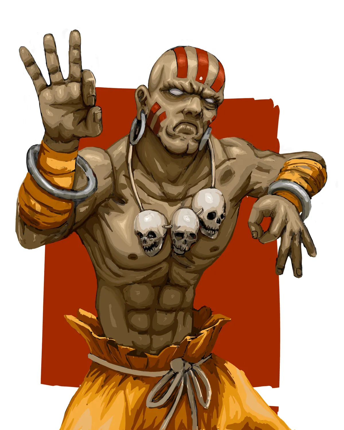 Dhalsim from Street Fighter with his skull necklace, one hand raised