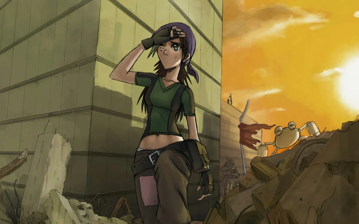 Rush, the lead of Exodus, shading her eyes in a ruined city at sunset