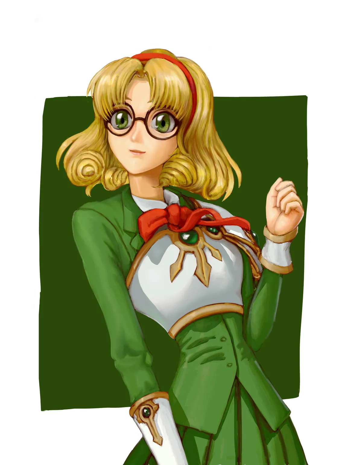 Fuu Hououji from Magic Knight Rayearth in her green uniform and glasses