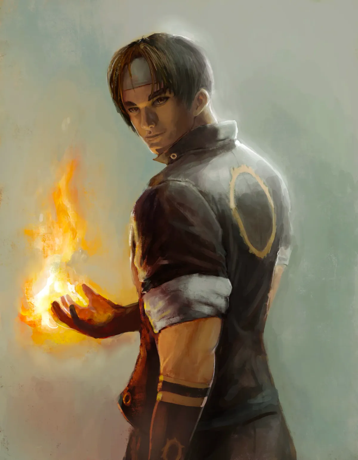 Kyo Kusanagi from The King of Fighters with a flame in his hand