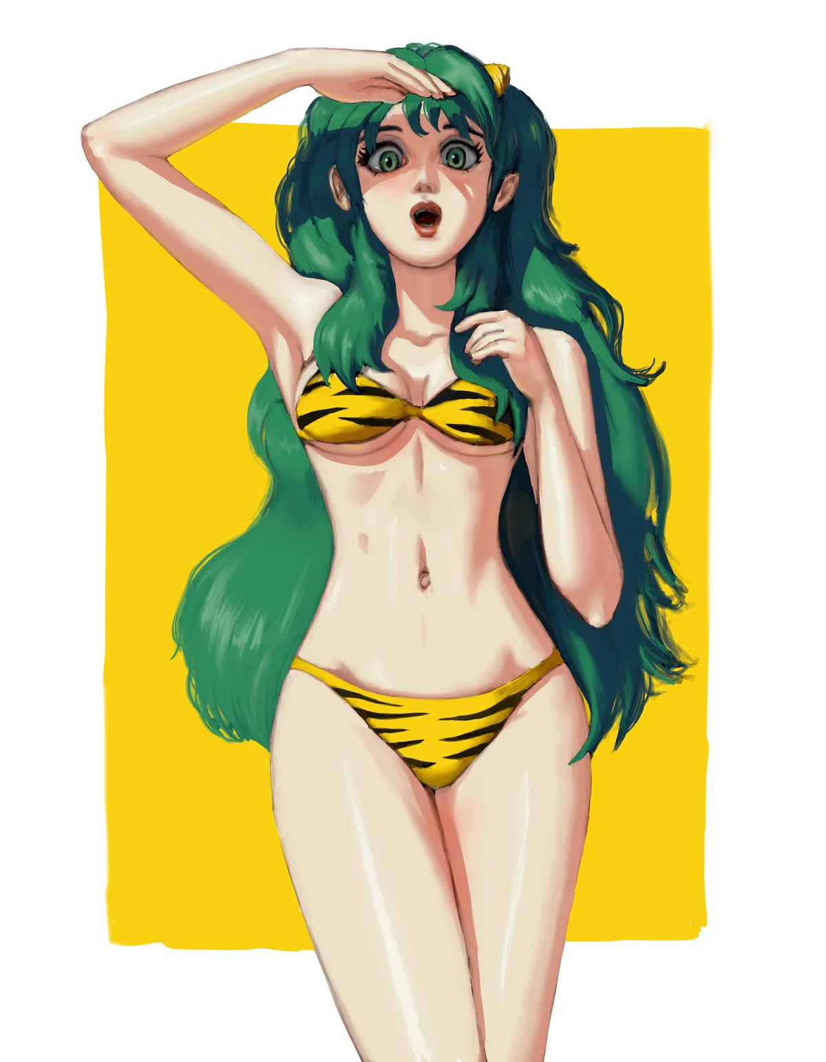 Lum from Urusei Yatsura in her tiger-striped bikini, looking surprised