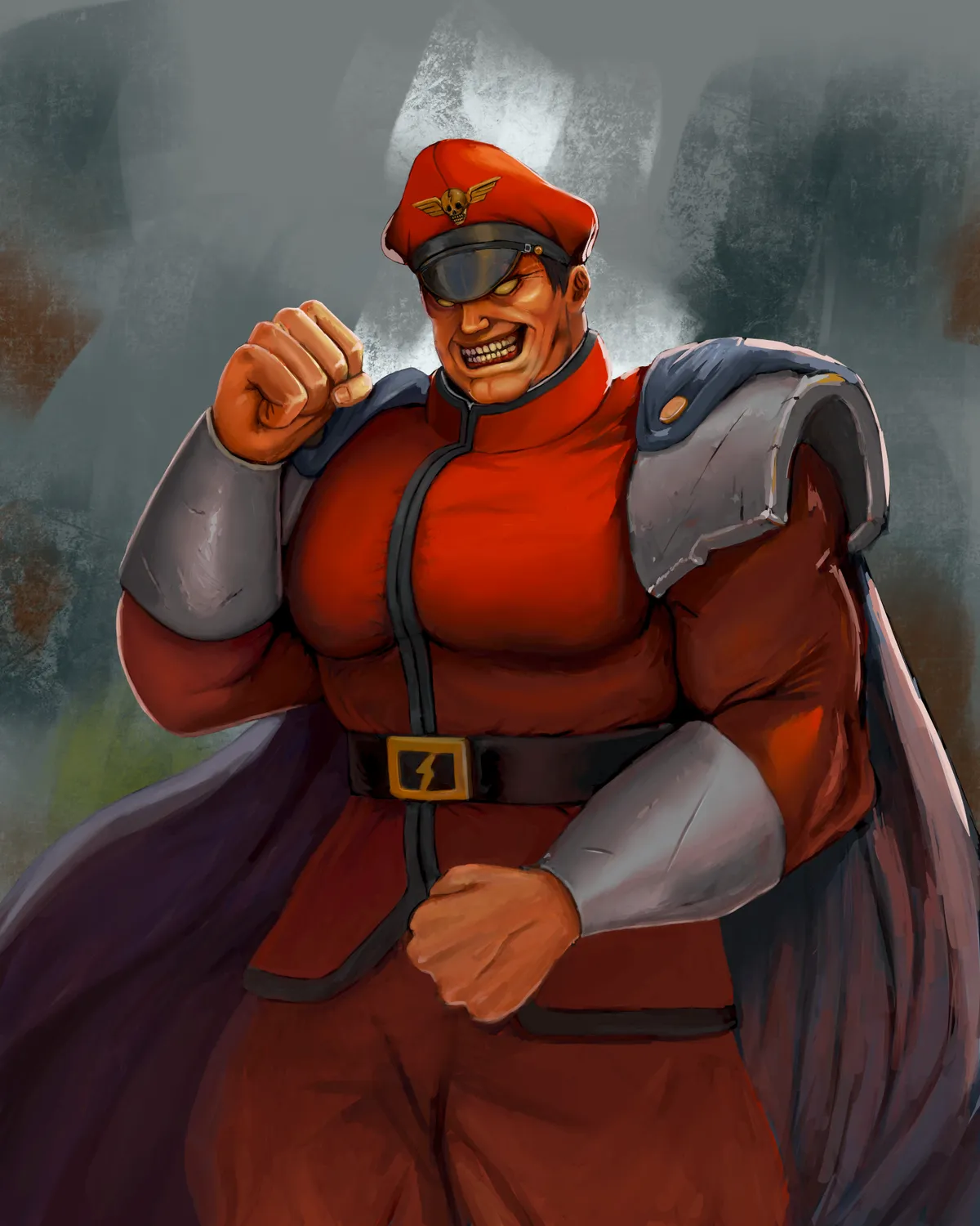 M. Bison from Street Fighter grinning, in his red uniform and cape