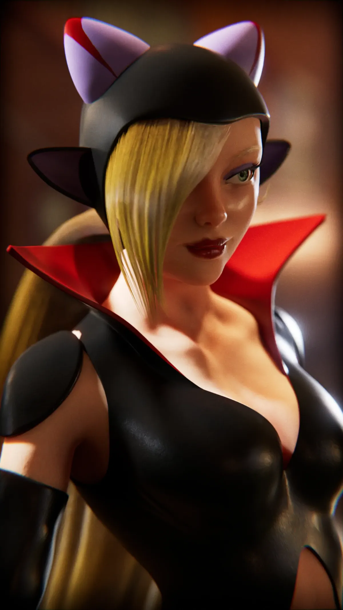 Majo from Time Bokan in 3D, in her black costume and cat-eared hood