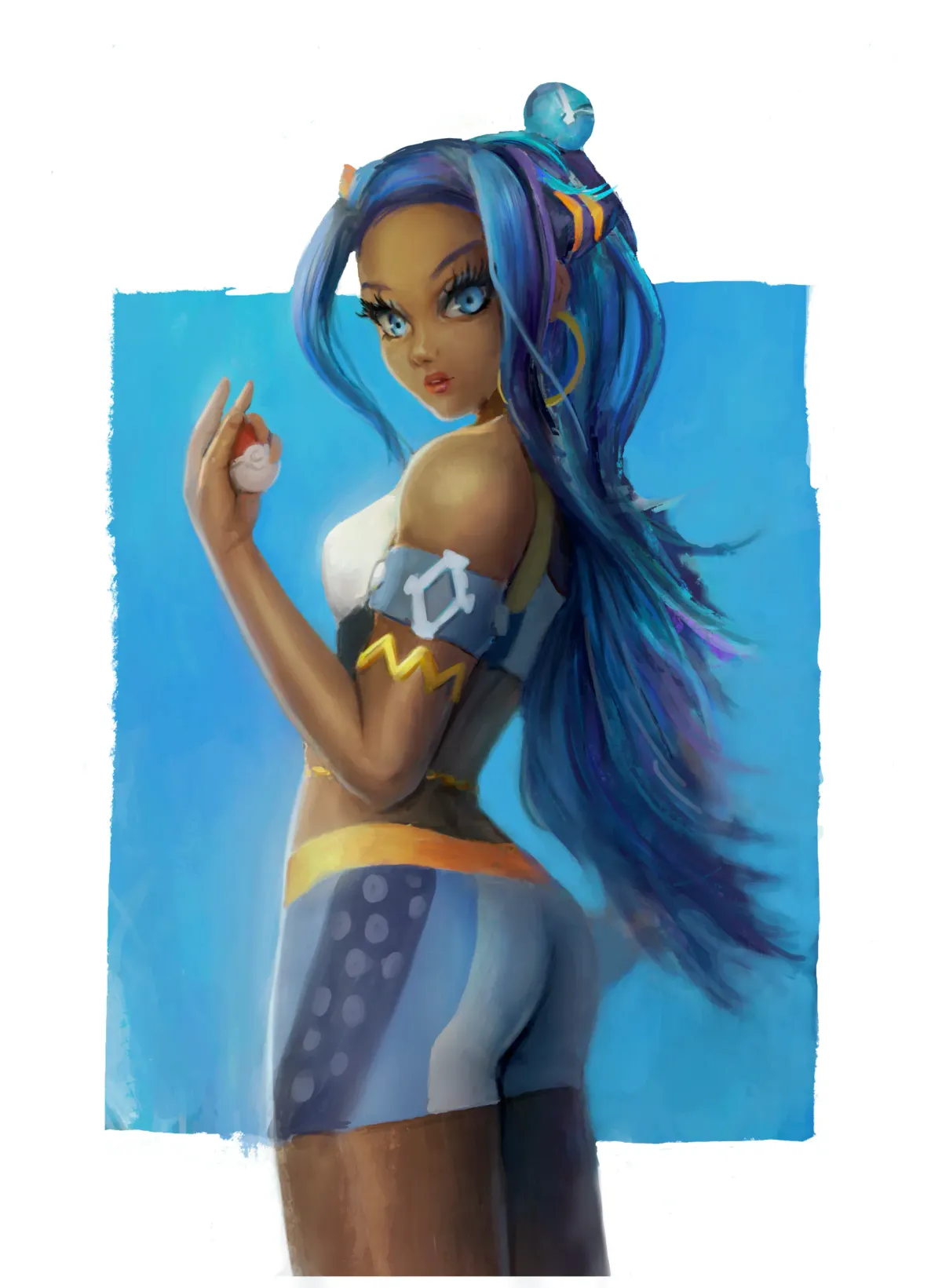 Nessa from Pokémon holding a Poké Ball, looking over her shoulder