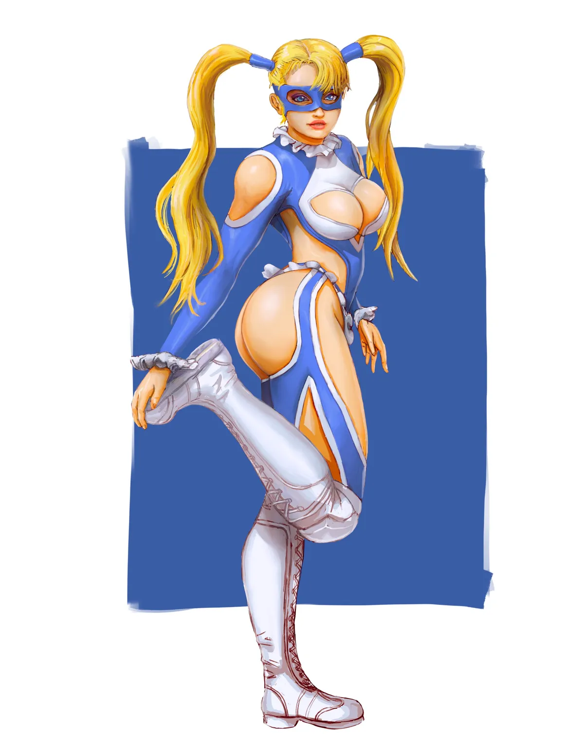 Rainbow Mika from Street Fighter on one leg, in her blue wrestling outfit and mask