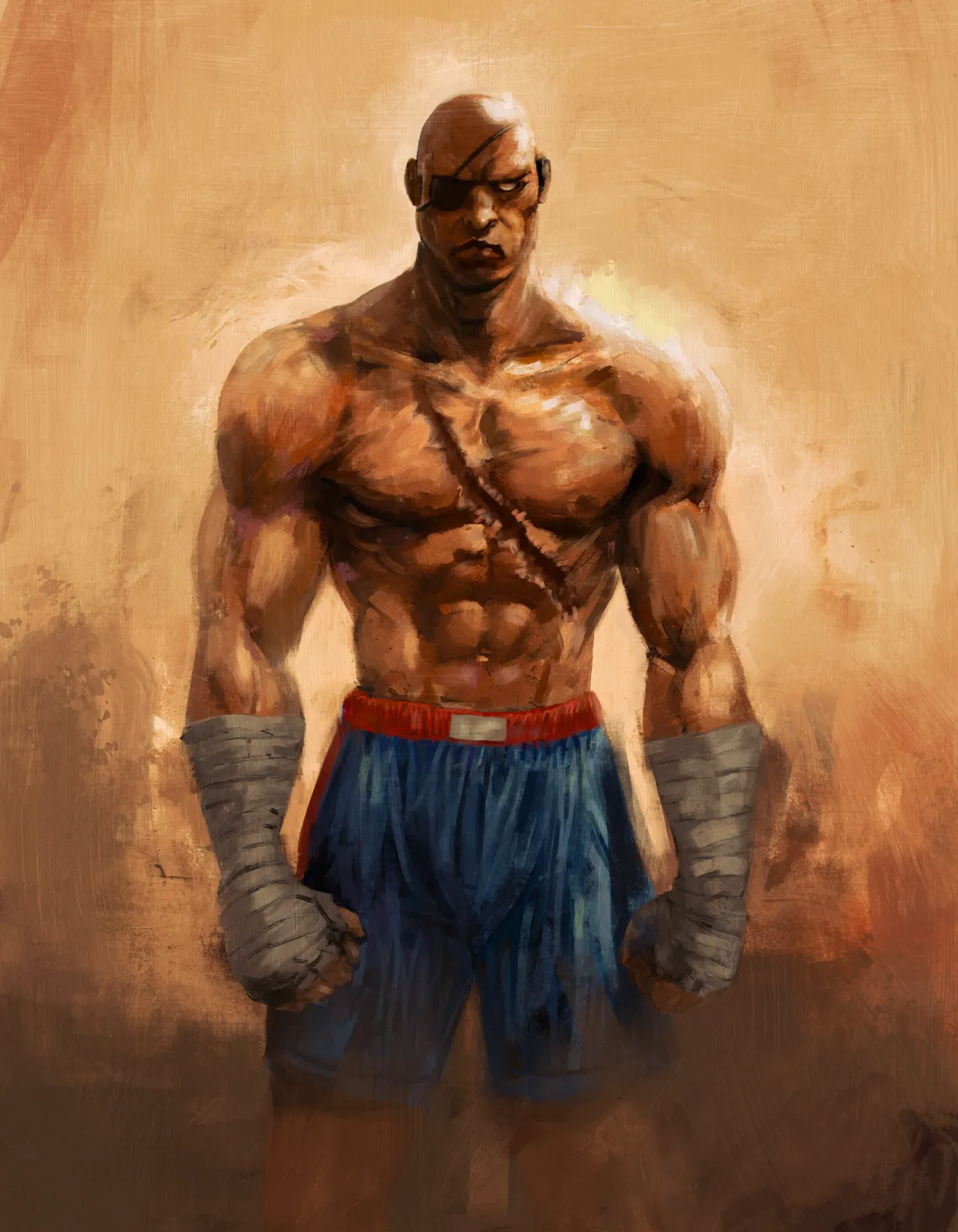 Sagat from Street Fighter standing with his fists taped