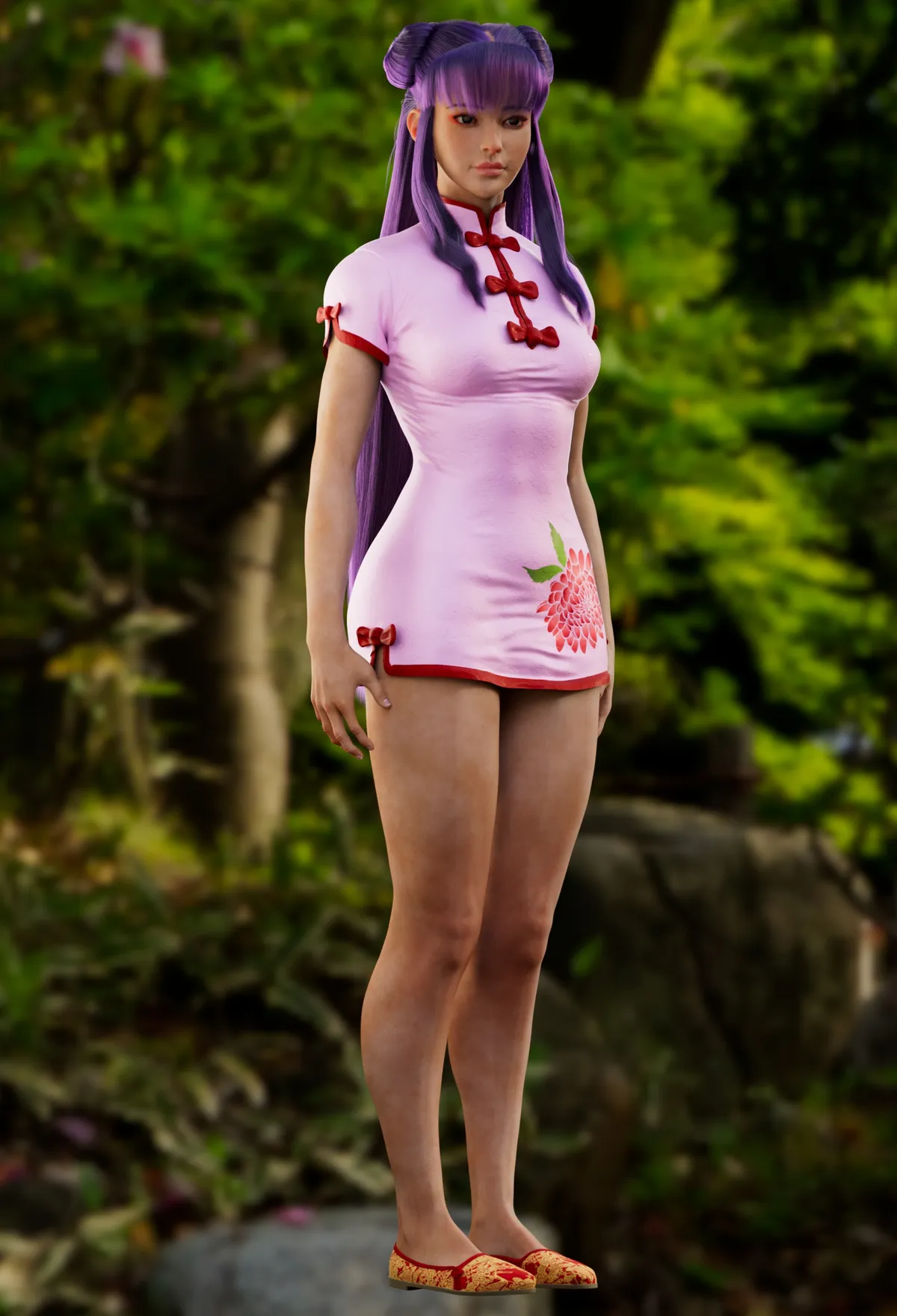 Shampoo from Ranma ½ in a pink qipao, standing in a garden