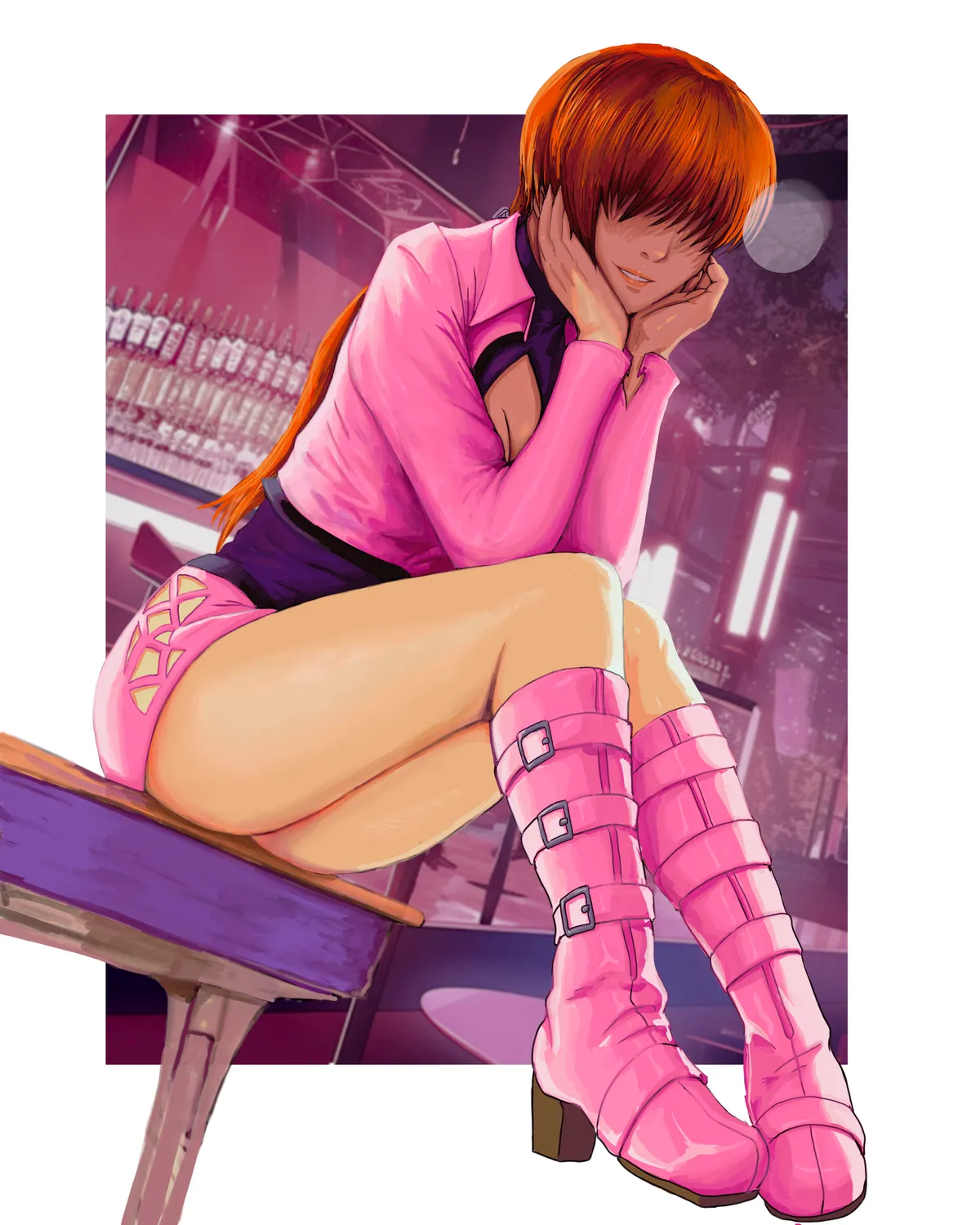 Shermie from The King of Fighters sitting at a bar, in pink boots