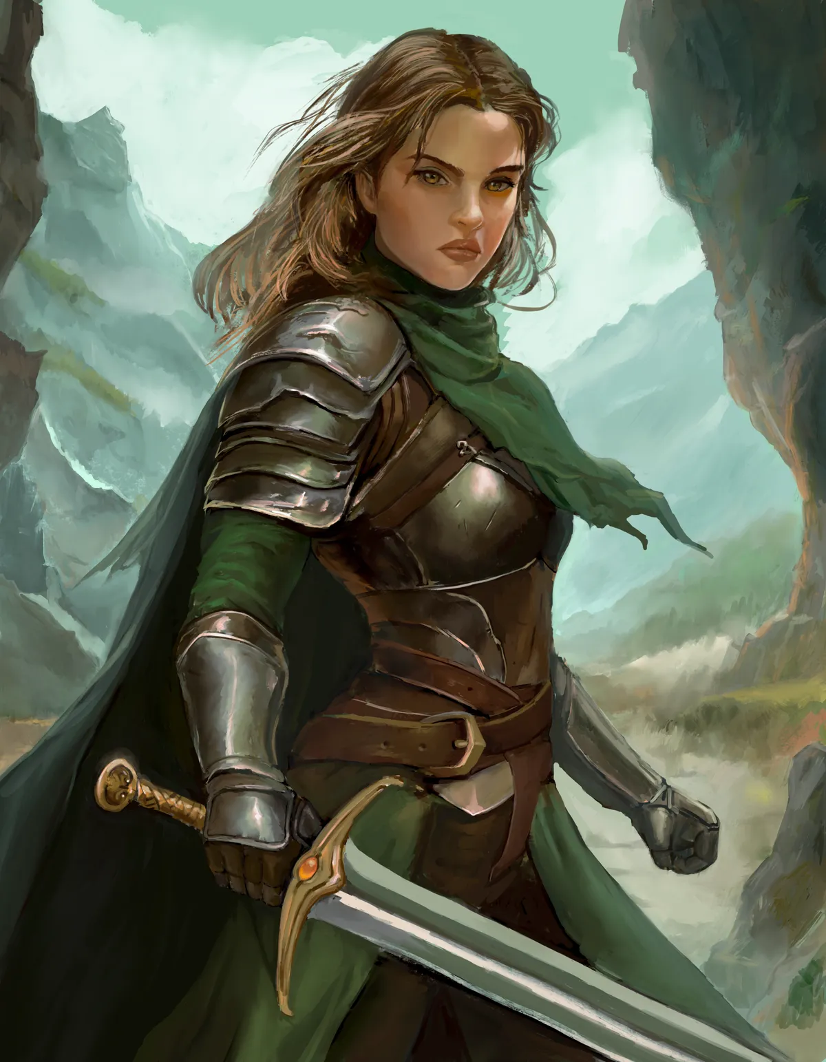 Sword and Valley, a warrior in leather armour with a sword in a mountain valley