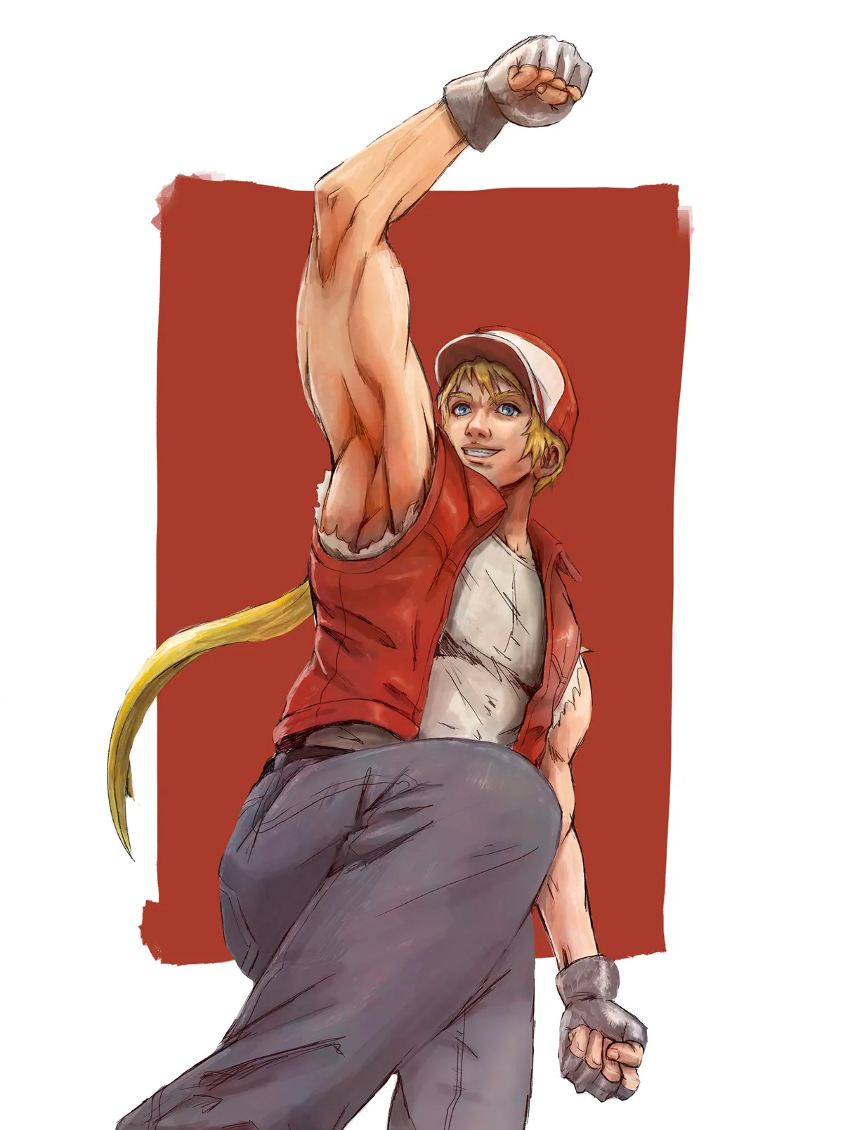 Terry Bogard from Fatal Fury raising his fist, in his red cap and vest