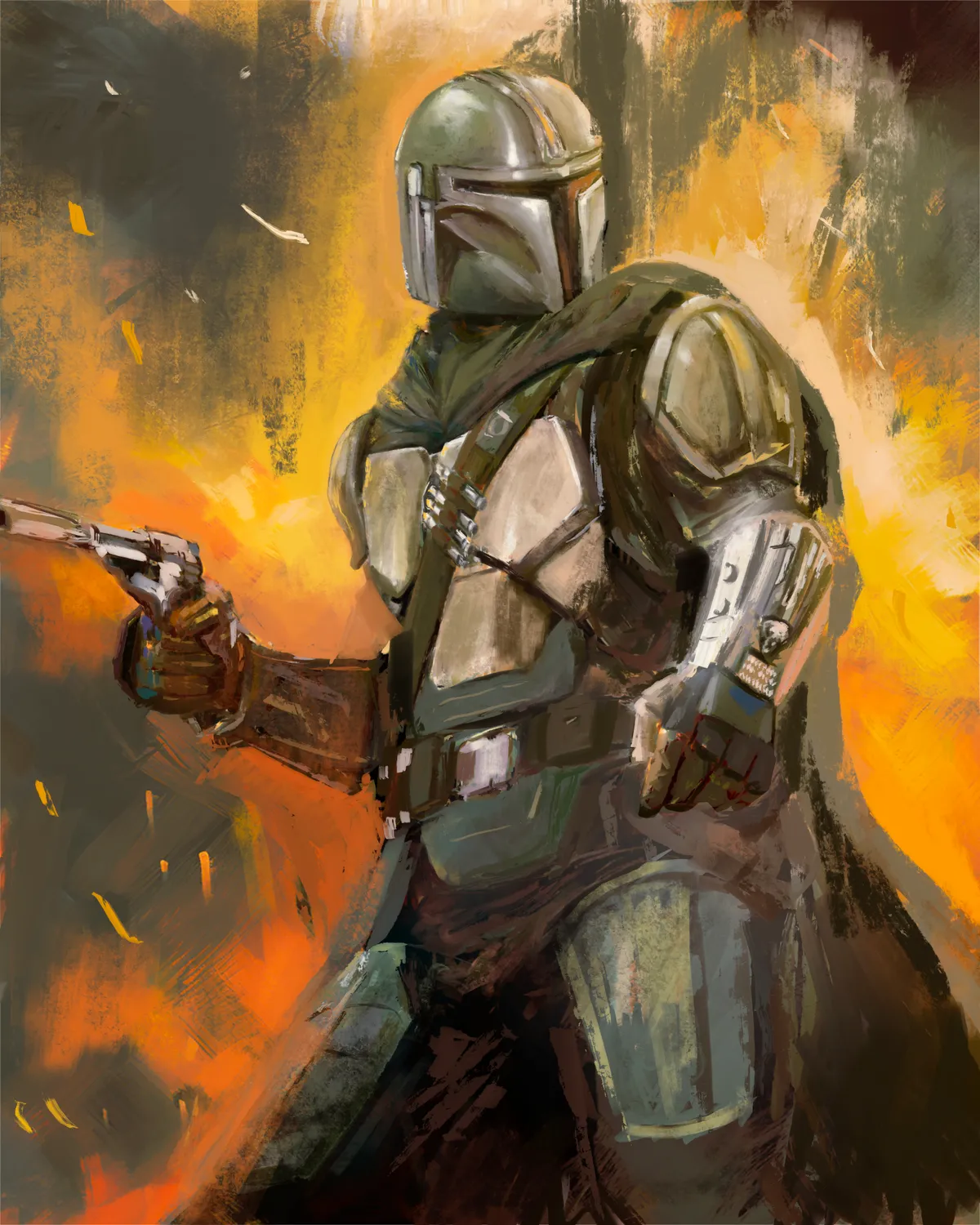The Mandalorian with a blaster, in front of fire