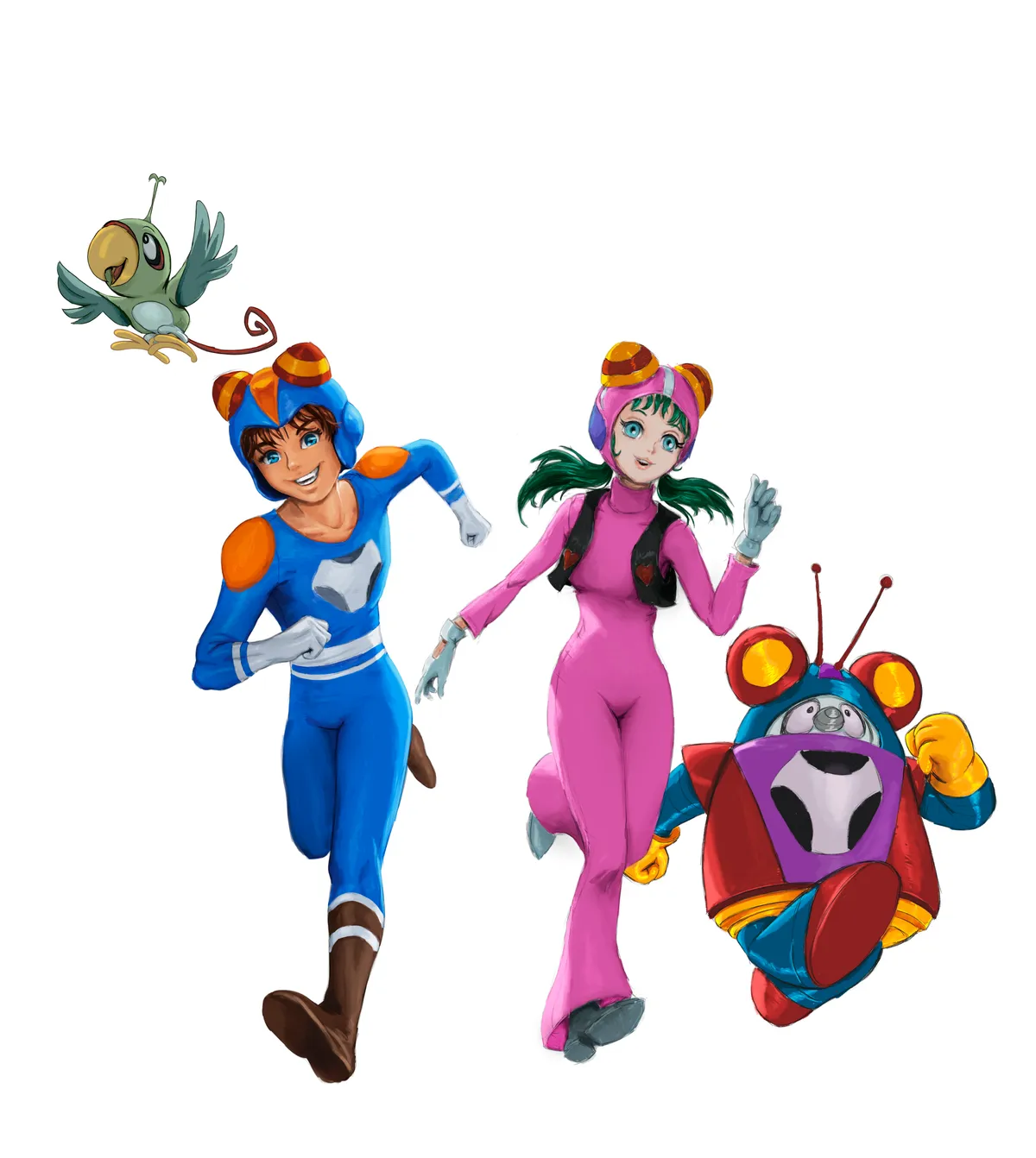 Tanpei and Junko from Time Bokan running with their robot and their parrot
