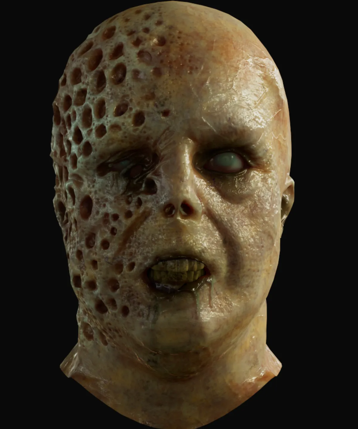 Close-up of the Diver face, with pitted skin and white eyes