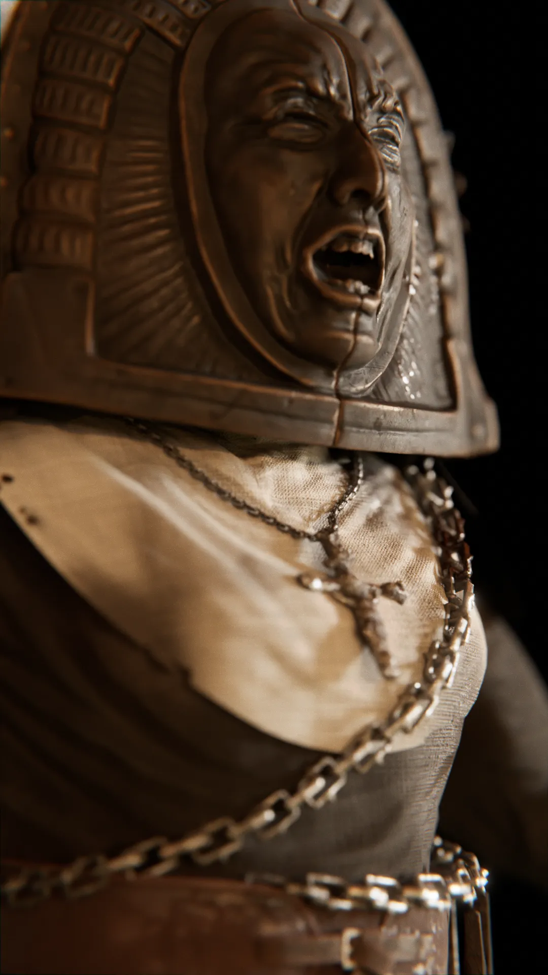 The Masochist Nun with her helmet open, showing her scarred face