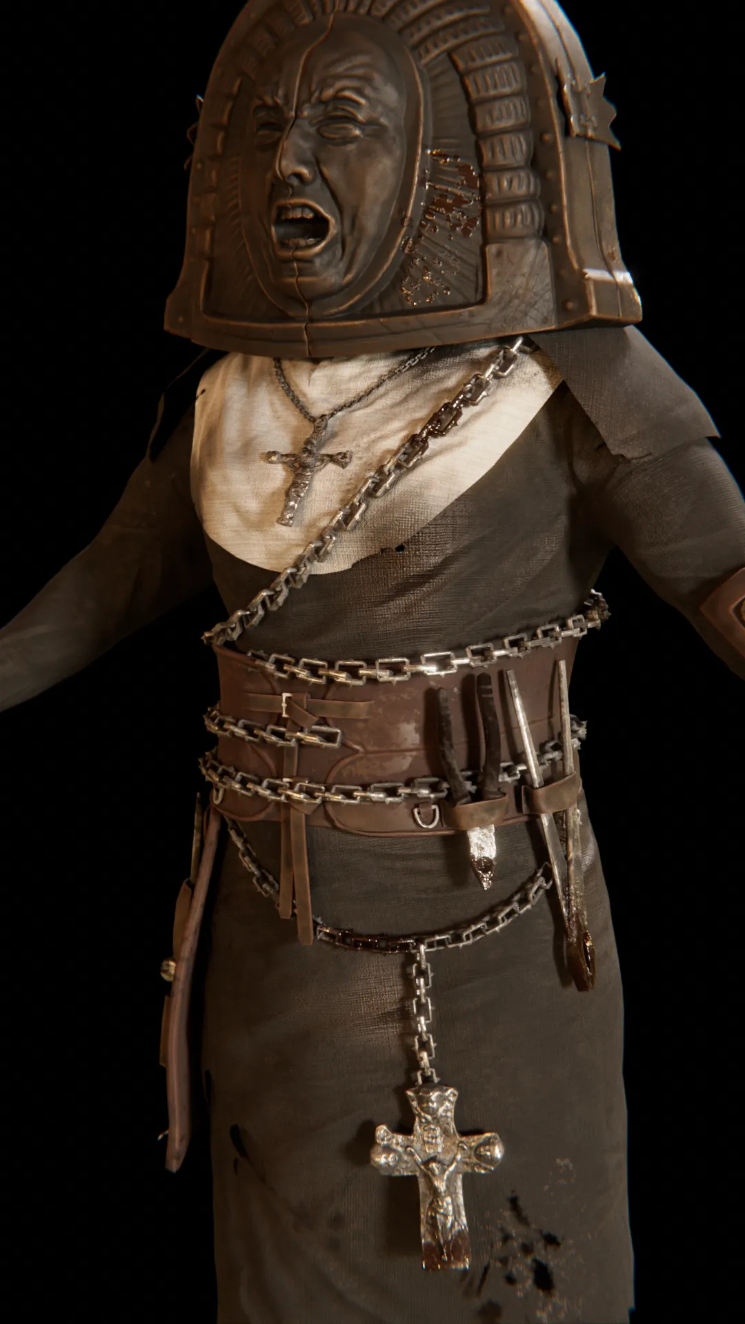 The Masochist Nun, an enemy from Tormented Souls 2, in her metal helmet